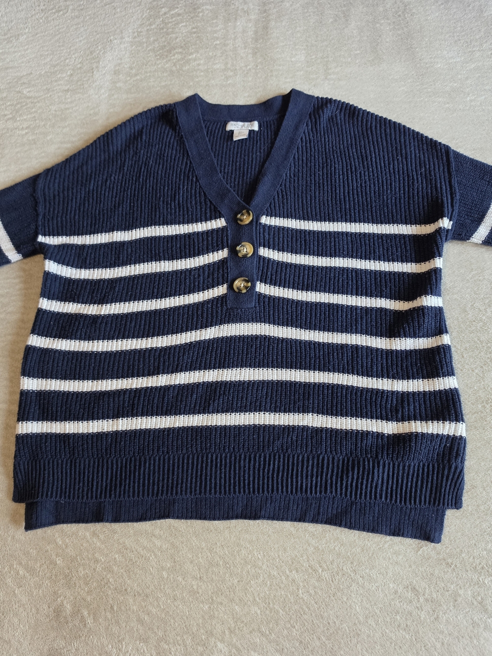 Rachel Zoe Navy and White Striped V-Neck Knit Sweater with Button Placket